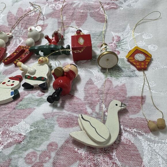 Vtg Wooden Mini Christmas Ornaments Lot 12pcs German Taiwan Clock Mouse Chimney - Picture 11 of 11